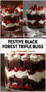 Glass trifle bowl filled with layers of chocolate brownie, cream, and cherries for a Black Forest Trifle Christmas dessert.